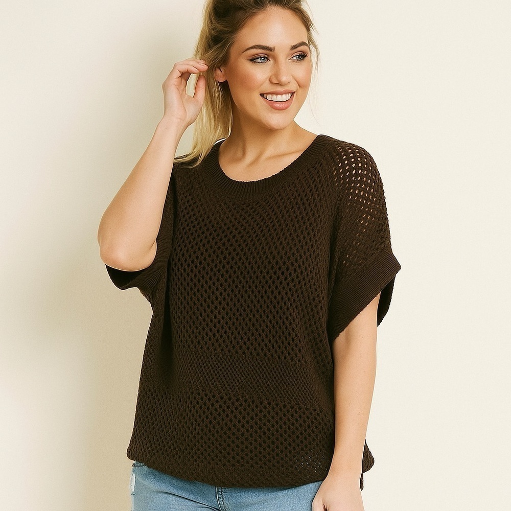 The Limited Brown Short Sleeve Scoop Neck Loose Knit Metallic Crochet Shirt Top